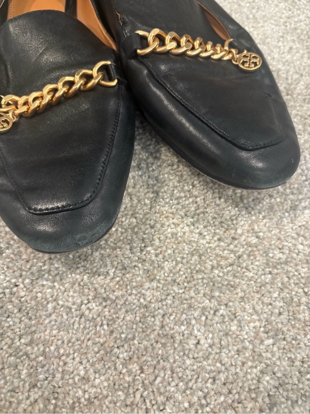Tory Burch Black Leather Loafers with Gold Chain Accent - Picture 3 of 5